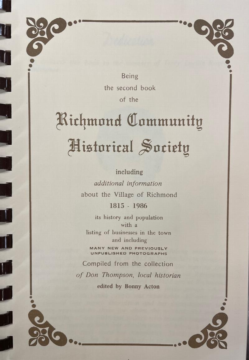 Image for [Richmond, Salem Township, (Jefferson County) Ohio]: being the second book of the Richmond Community Historical Society, including additional information about the village of Richmond, 1815-1986, its history and population with a listing of businesses in the town and including many new and previously unpublished photographs